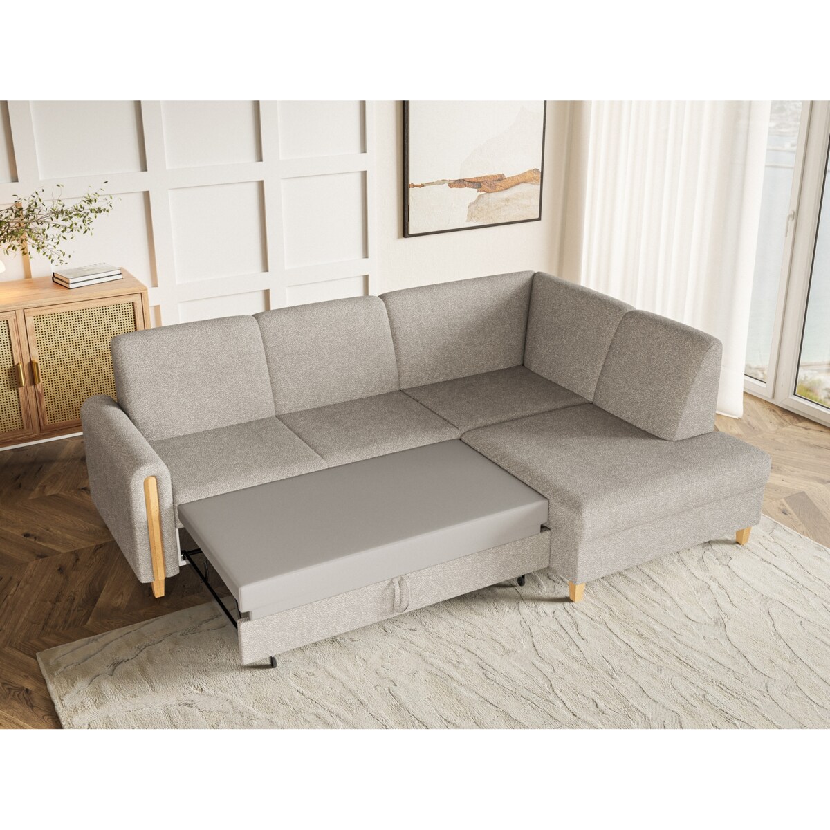 Rozkładany narożnik FLORA w tkannie bubble prawostronny- beżowy