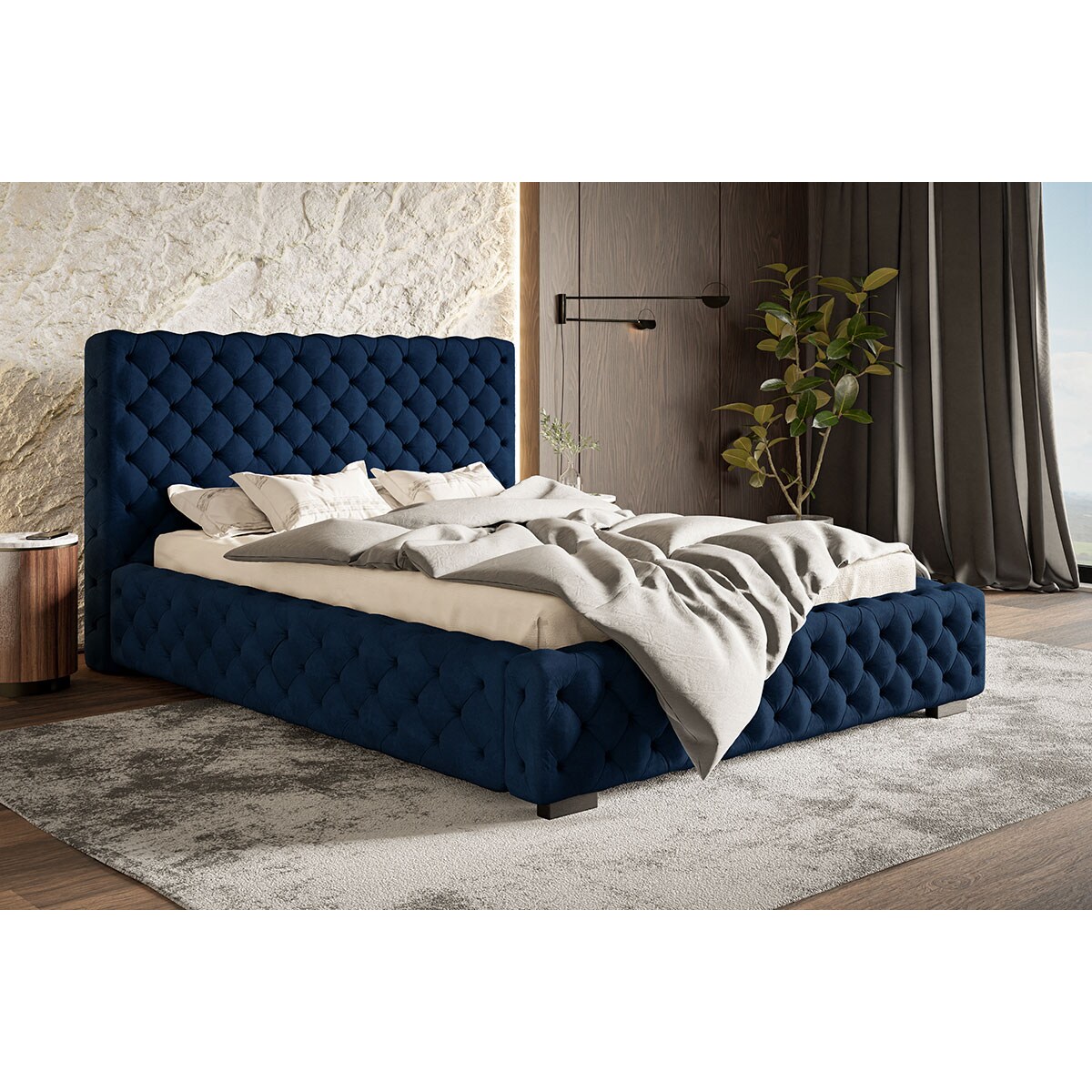 Łóżko sypialniane 200x200 BEN 15 z pojemnikiem, stelaż metalowy- granatowe