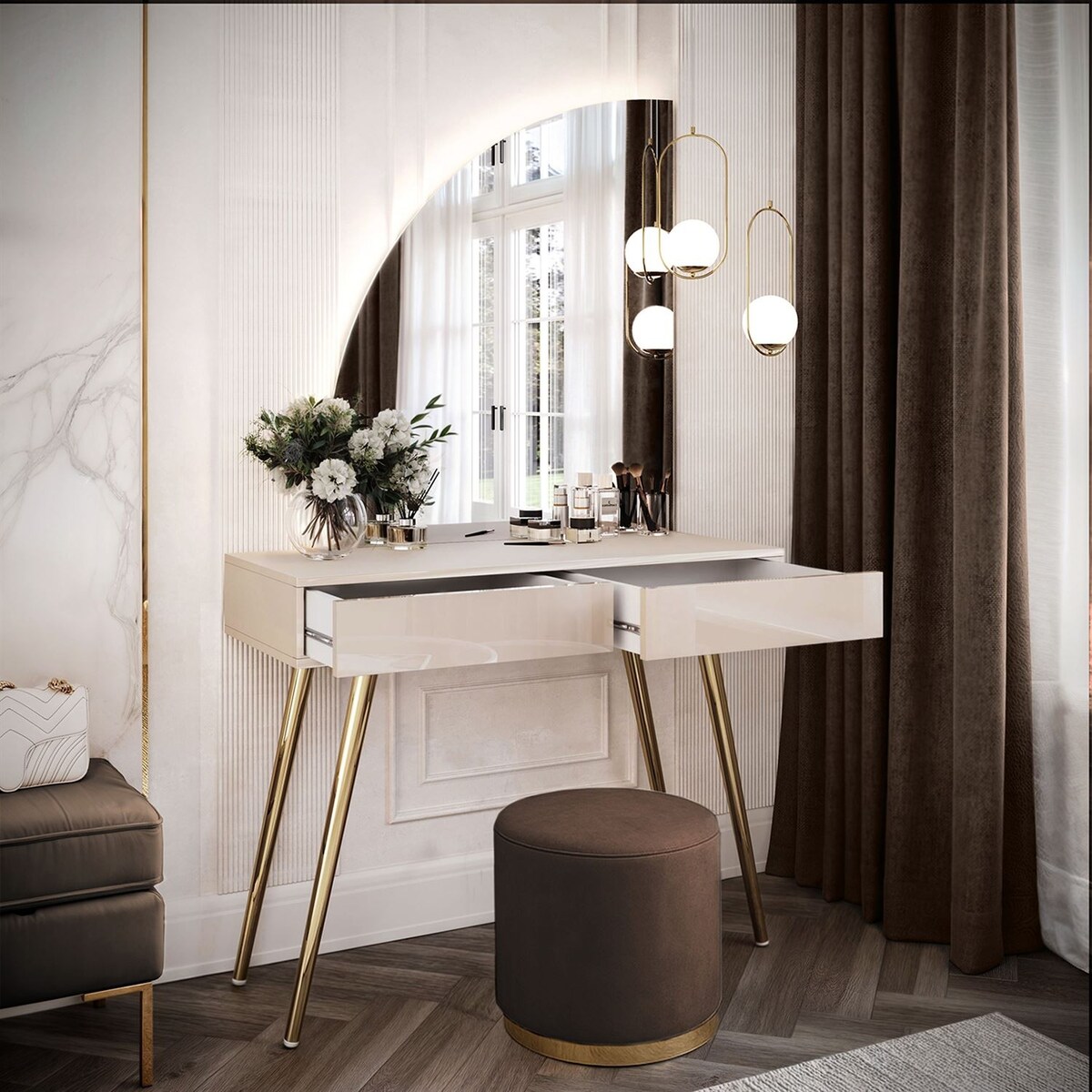 Toaletka kosmetyczna SIENNA-QS KASZMIR z lustrem LED, lewa, push-to-open