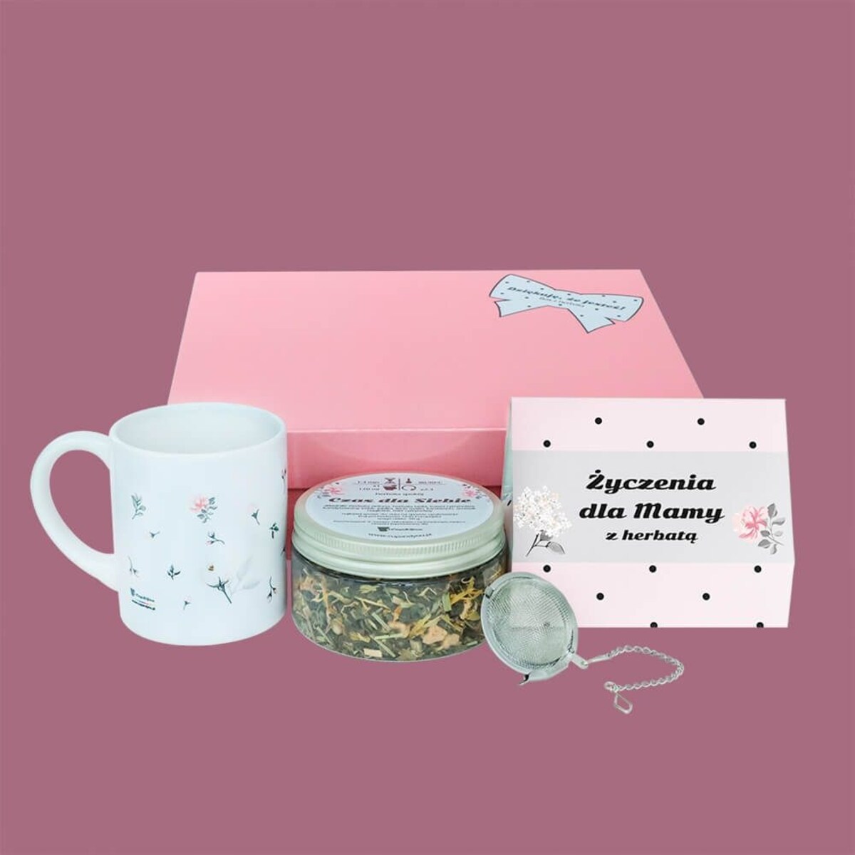 BOX zestaw prezentowy upominkowy na DZIEŃ MATKI URODZINY - herbaty sypane kubek zaparzacz róże mydlane - prezent upominek dla mamy teściowej