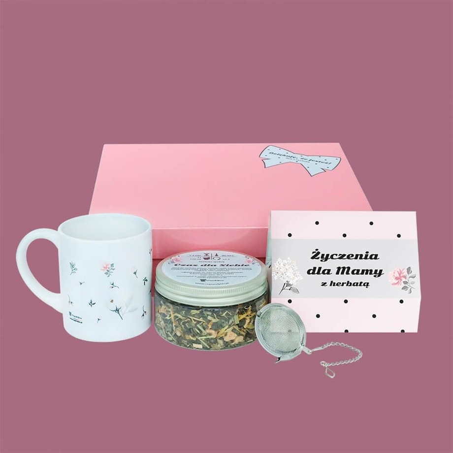 BOX zestaw prezentowy upominkowy na DZIEŃ MATKI URODZINY - herbaty sypane kubek zaparzacz róże mydlane - prezent upominek dla mamy teściowej