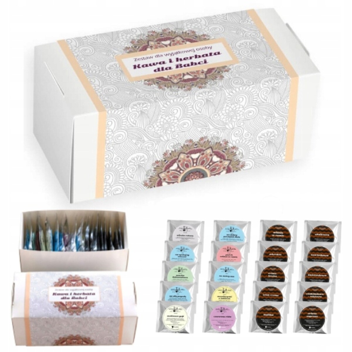 Zestaw prezentowy KAWA I HERBATA DLA BABCI - 10 różnych kaw smakowych i 10 herbat sypanych - prezent upominek na Dzień Babci 60 70 80 90 urodziny