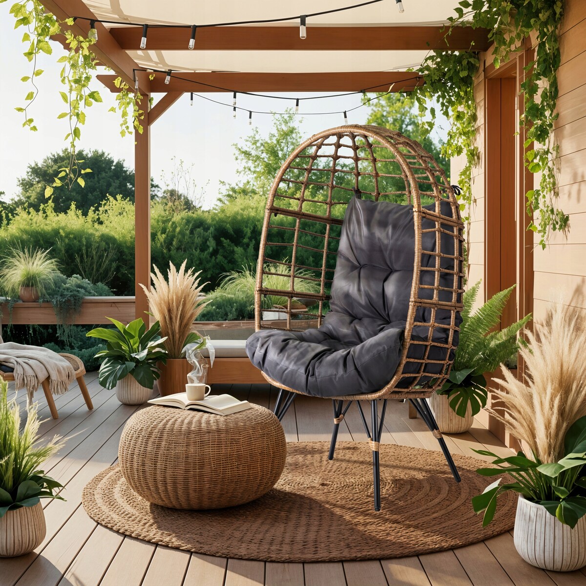 Fotel Ogrodowy Kokon Wypoczynkowy Rattanowy Na Taras MADISON szary