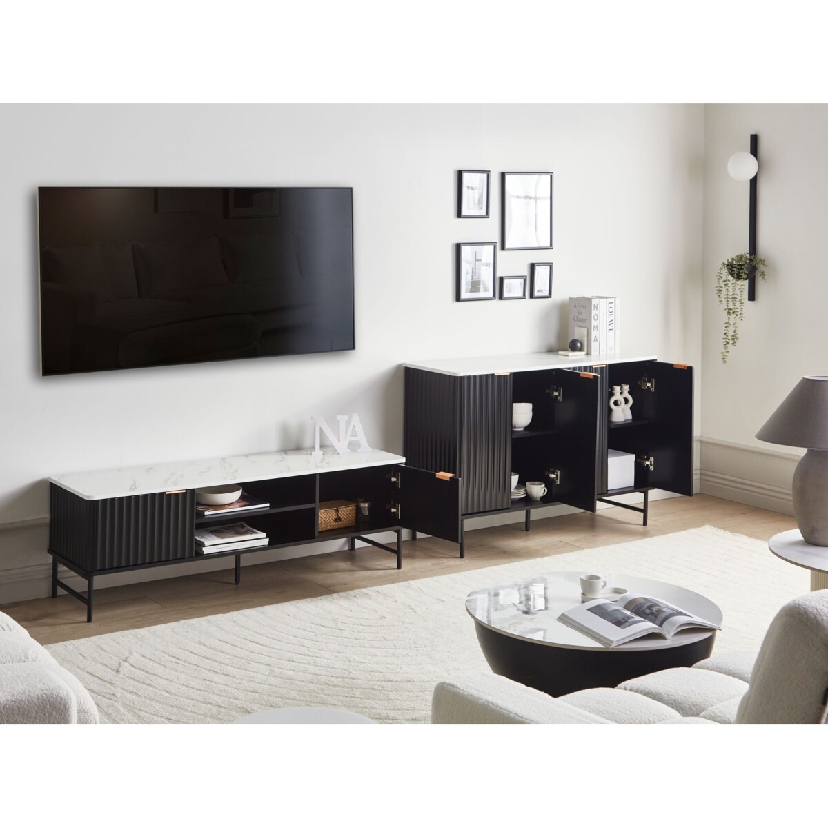 Komoda czterodrzwiowa GLASTONBURY 80 cm Efekt marmuru Biały marmur