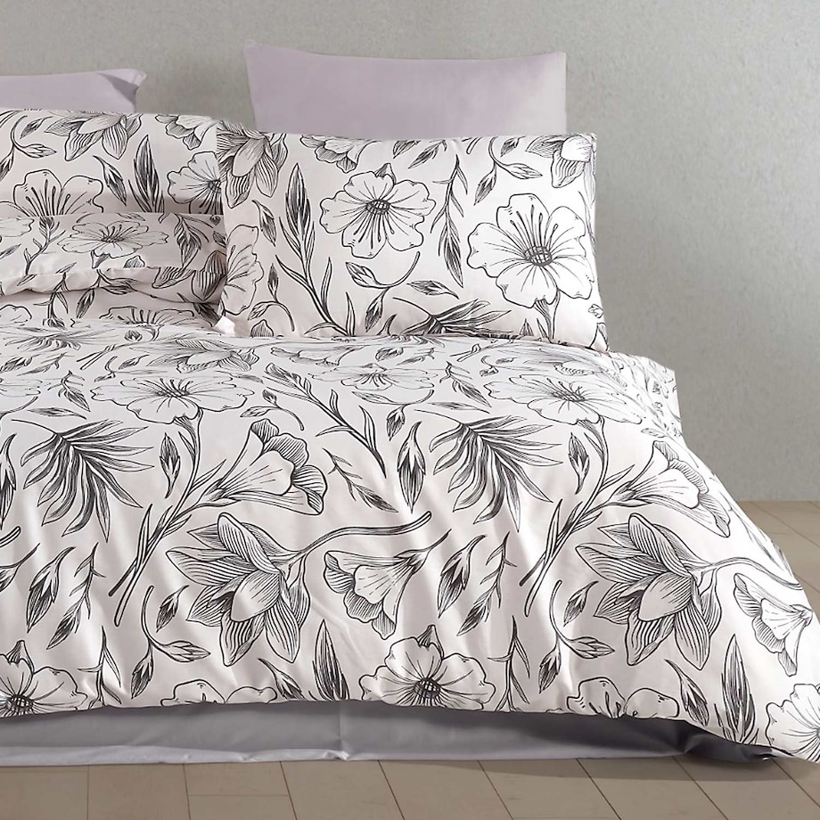Pościel satyna bawełniana 200x220 Exclusive Carina biała w czarne konturowe kwiaty i liście