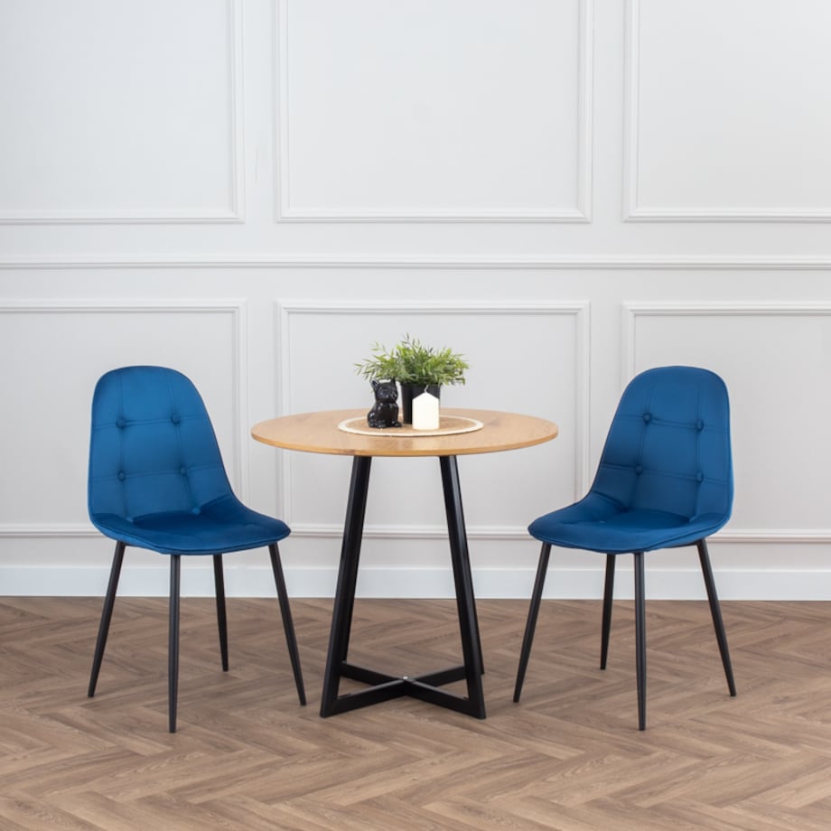 Krzesło tapicerowane welurowe pikowane do salonu z guzikami granatowe