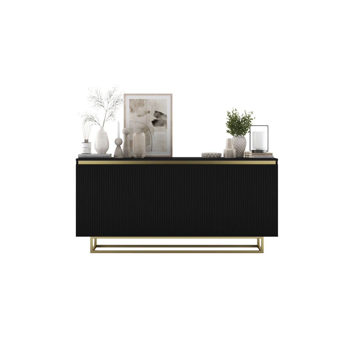 Komoda Glamour Szafka RTV Czarny MAT ryflowane fronty złote akcenty 166,8 cm