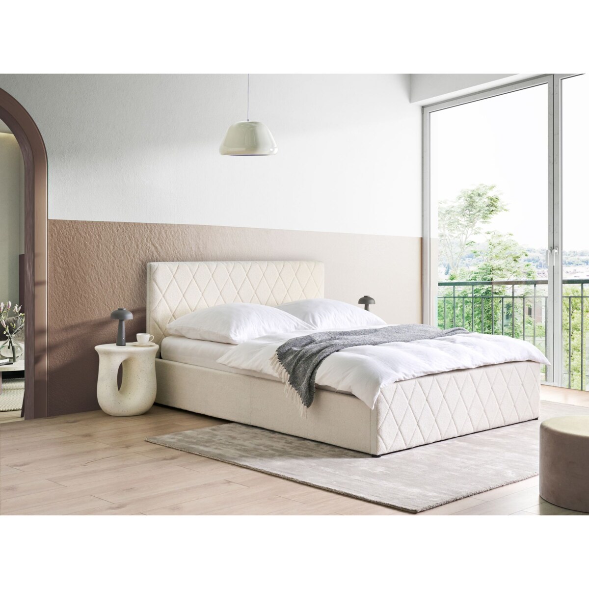 Łóżko z pojemnikiem Boucle ROCHEFORT 160 x 200 cm Złamana biel