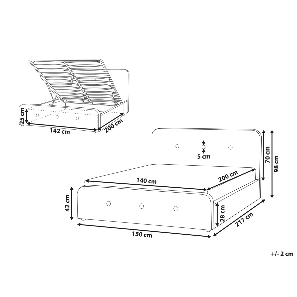 Łóżko z pojemnikiem tapicerowane 140 x 200 cm ciemnoszare RENNES