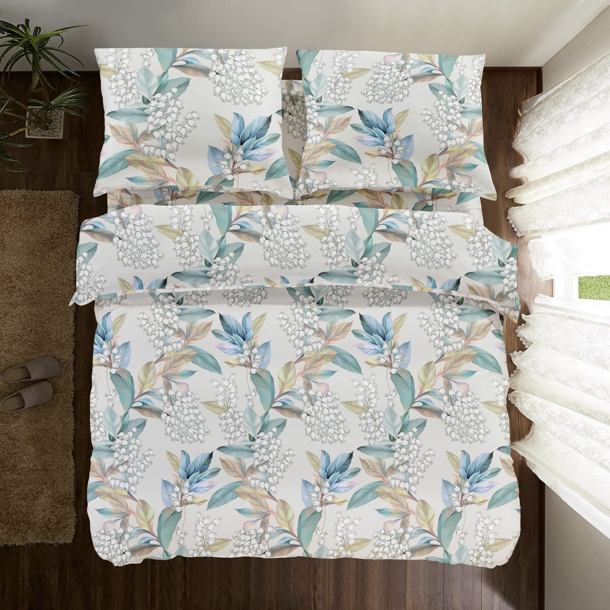 Komplet Pościeli Dwuosobowej Kwiaty Konwalie 160X200 + 2 Poszewki