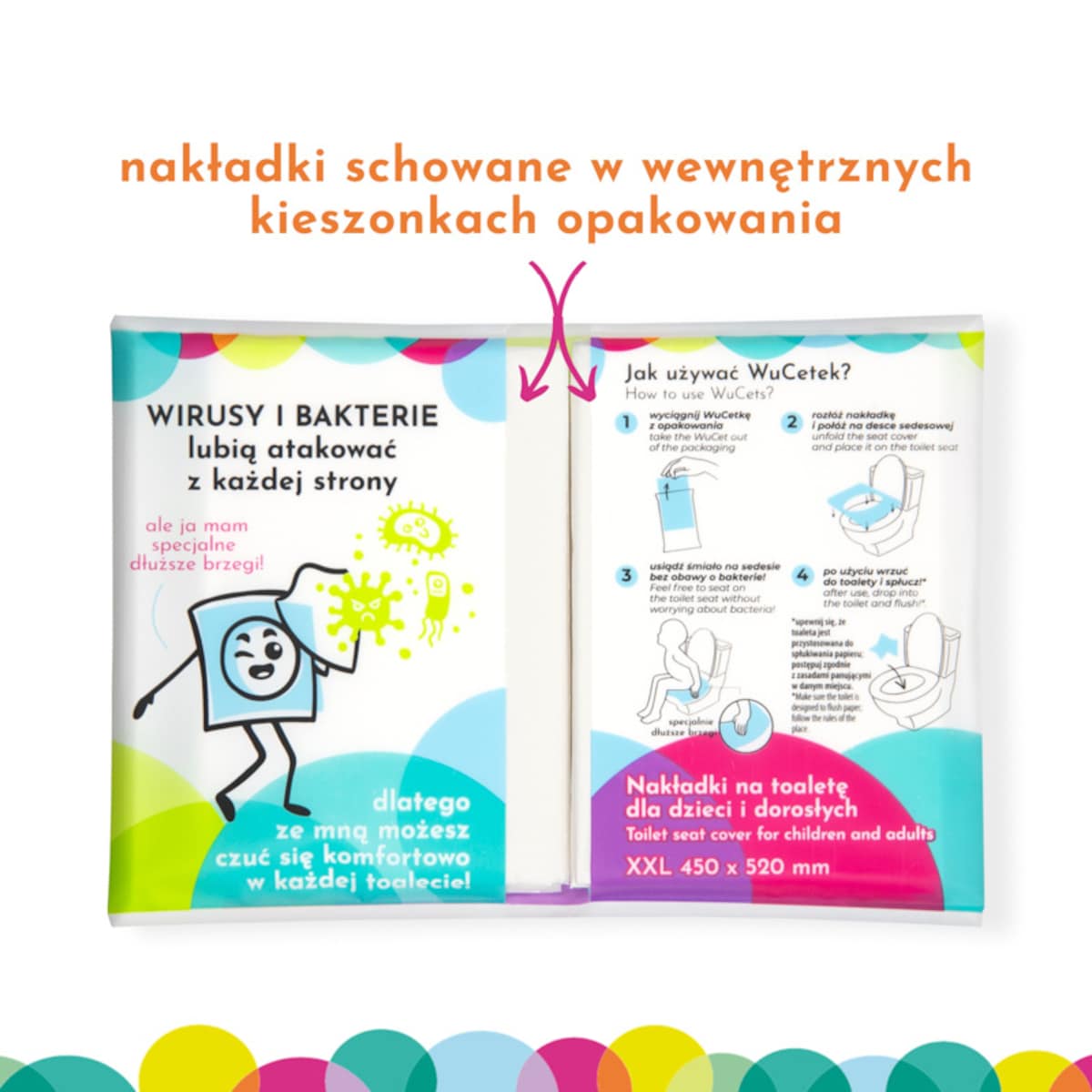 Jednorazowe papierowe nakładki na toaletę z wygodnymi brzegami XXL dla dzieci i dorosłych 6opak. po 10 szt., WuCetki