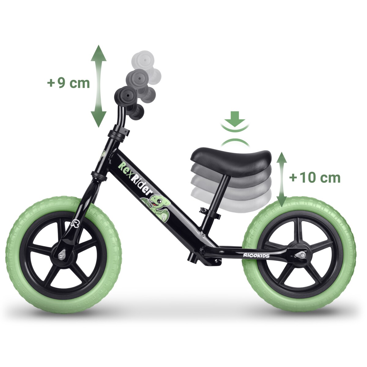 Rowerek biegowy dla dzieci jeździk lekki stabilny Ricokids czarno-zielony