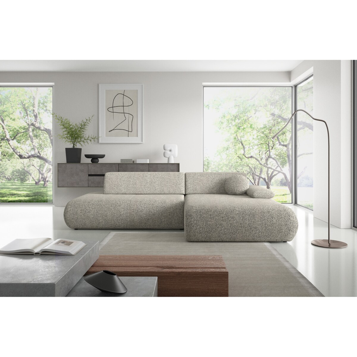 Narożnik rozkładany PENTI z pojemnikiem na pościel, prawy, szaro-beżowy