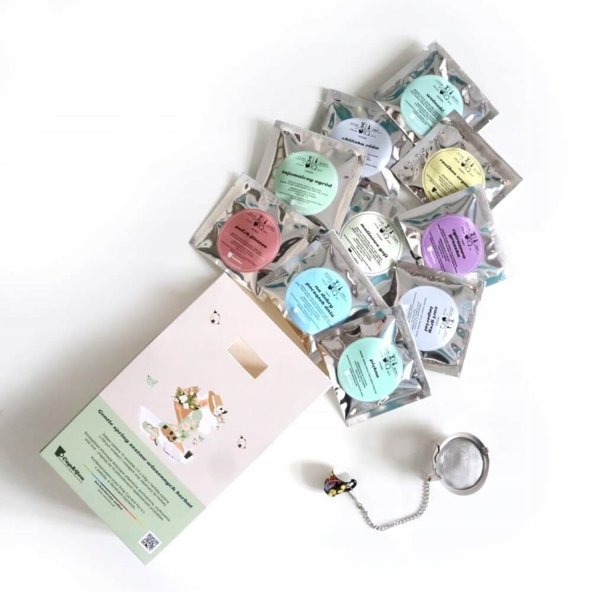 Wiosenny Box GENTLE SPRING z herbatą zaparzaczem oraz filiżanką Upominek