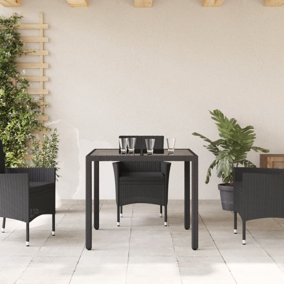 vidaXL Stół ogrodowy, szklany blat, czarny, 90x90x75 cm, rattan PE
