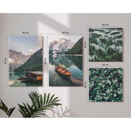 Zestaw 4 obrazów na płótnie - Górskie jezioro łódka mgła - zielony