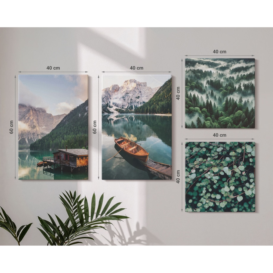 Zestaw 4 obrazów na płótnie - Górskie jezioro łódka mgła - zielony