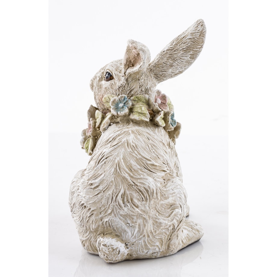 Dekoracja - biały królik 13x13x8 cm PELUCHE leżący z wiankiem kwiatów