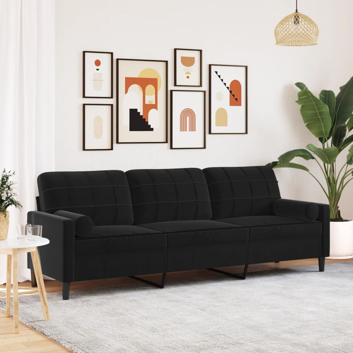 vidaXL 3-osobowa sofa z poduszkami, czarna, 210 cm, aksamit