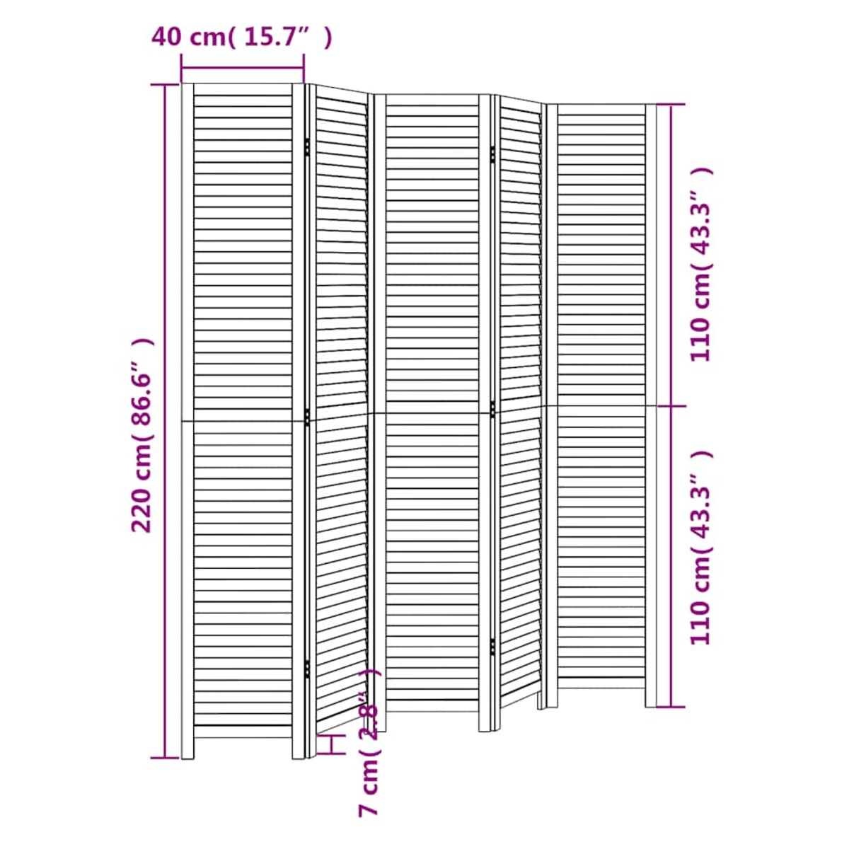 vidaXL Parawan pokojowy, 5-panelowy, biały, lite drewno paulowni