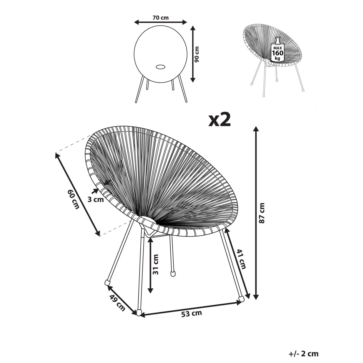 Zestaw 2 krzeseł z technorattanu szary ACAPULCO II