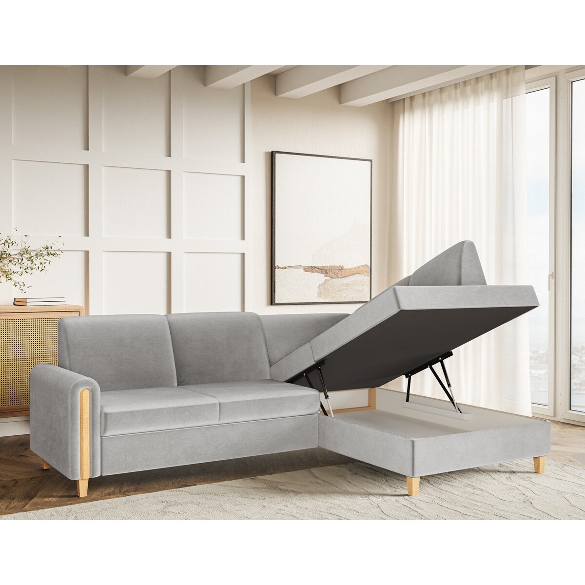 Rozkładany narożnik FLORA w tkaninie hydrofobowej, prawostronny-jasny szary