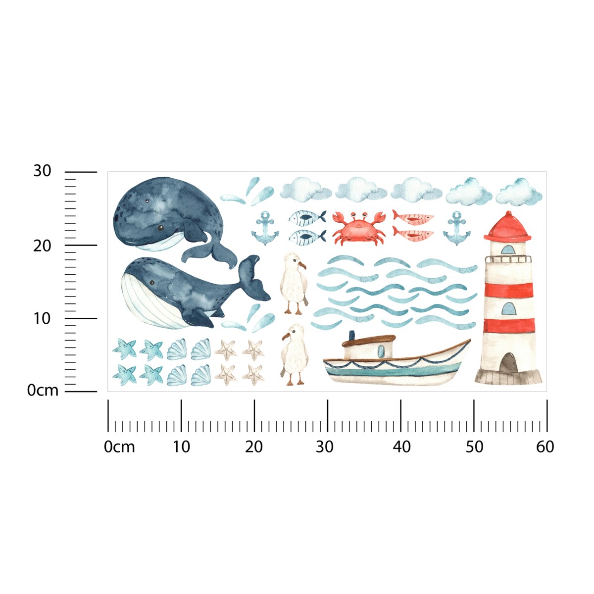 Naklejki Dla Dzieci Wieloryby MORZE Chmurki Ryby Mewy Muszelki ZESTAW 60x30cm