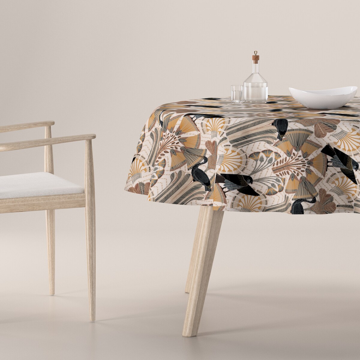 Obrus okrągły 100 x 100 cm abstrakcyjny beżowo-brązowy wzór