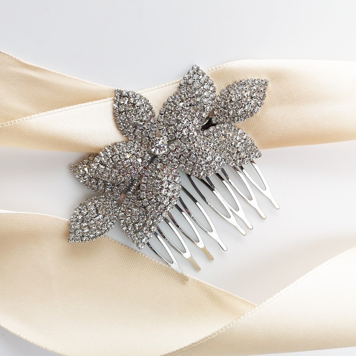 Ślubny grzebyk srebrny z listkami rustykalny cyrkonie PIĘKNY