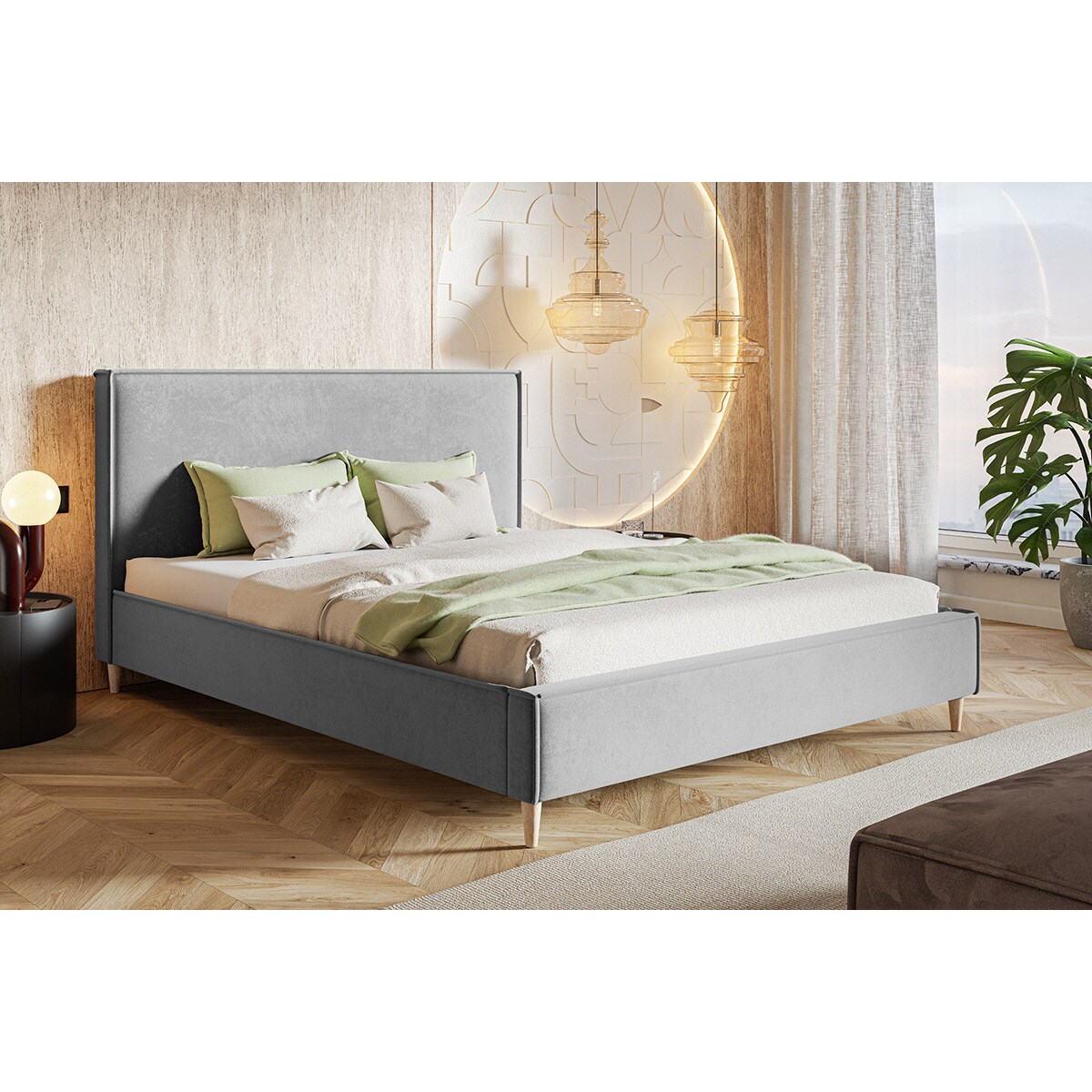 Łóżko tapicerowane 140x200 LUXO 8 na wysokich, drewnianych nogach- szare