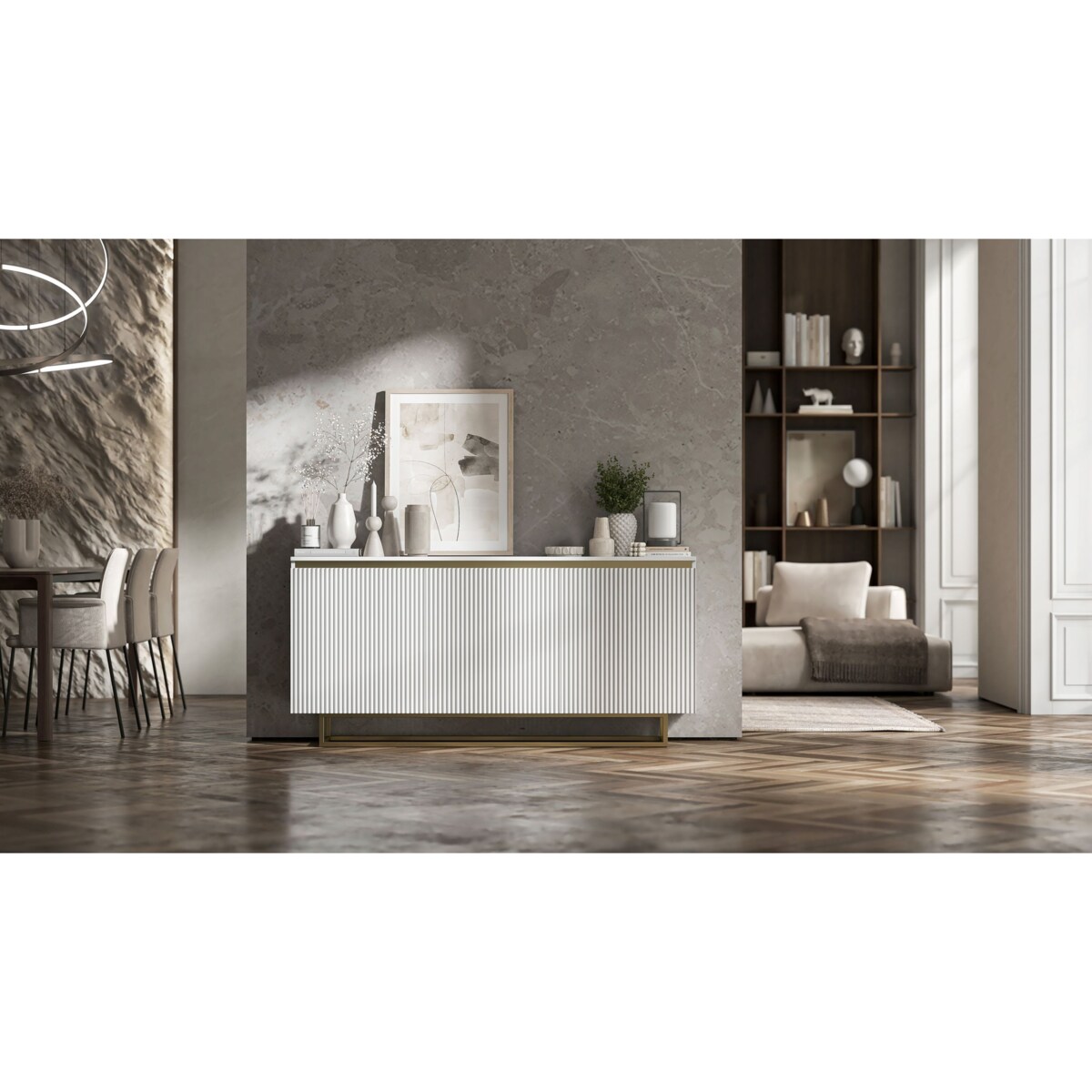 Komoda Glamour Szafka RTV Biały MAT ryflowane fronty złote akcenty 166,8 cm