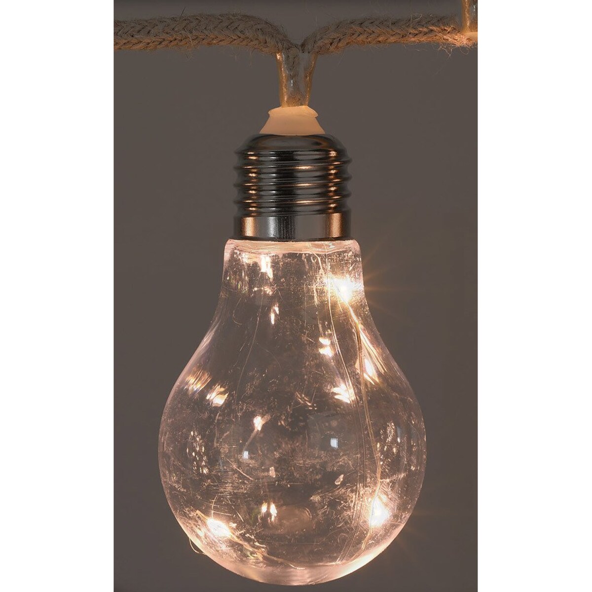 Łańcuch świetlny LED z motywem żarówek na jutowym sznurku - 10 żarówek