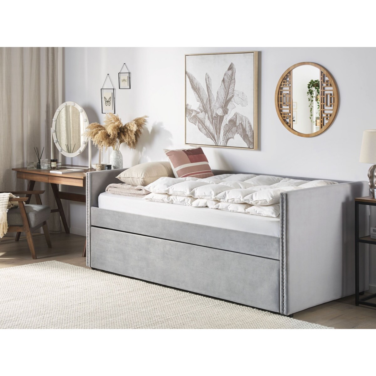 Łóżko wysuwane welurowe 90 x 200 cm jasnoszare TROYES