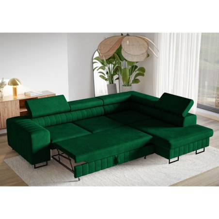 Narożnik NOLA do salonu, regulowane zagłówki-prawostronny- butelkowa zieleń