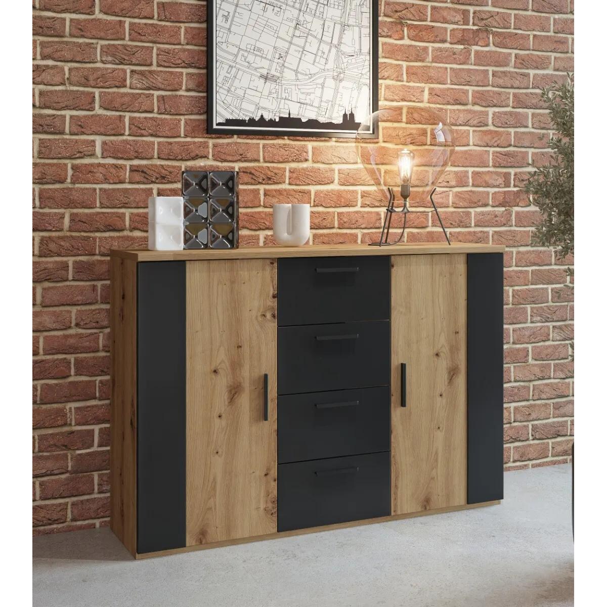 Komoda SIGMA 2D4S 132cm dąb artisan/czarny mat z szufladami