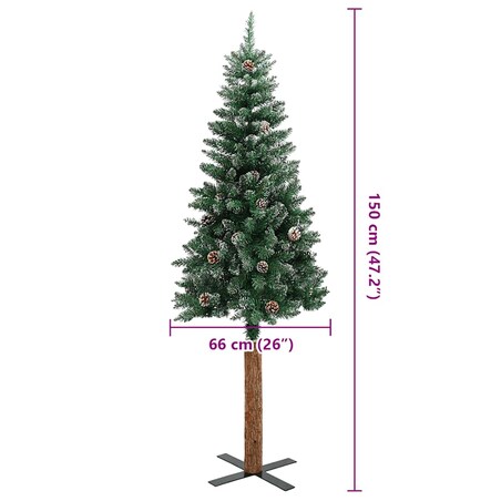 vidaXL Smukła choinka z drewnem i śniegiem, zielona, 150 cm