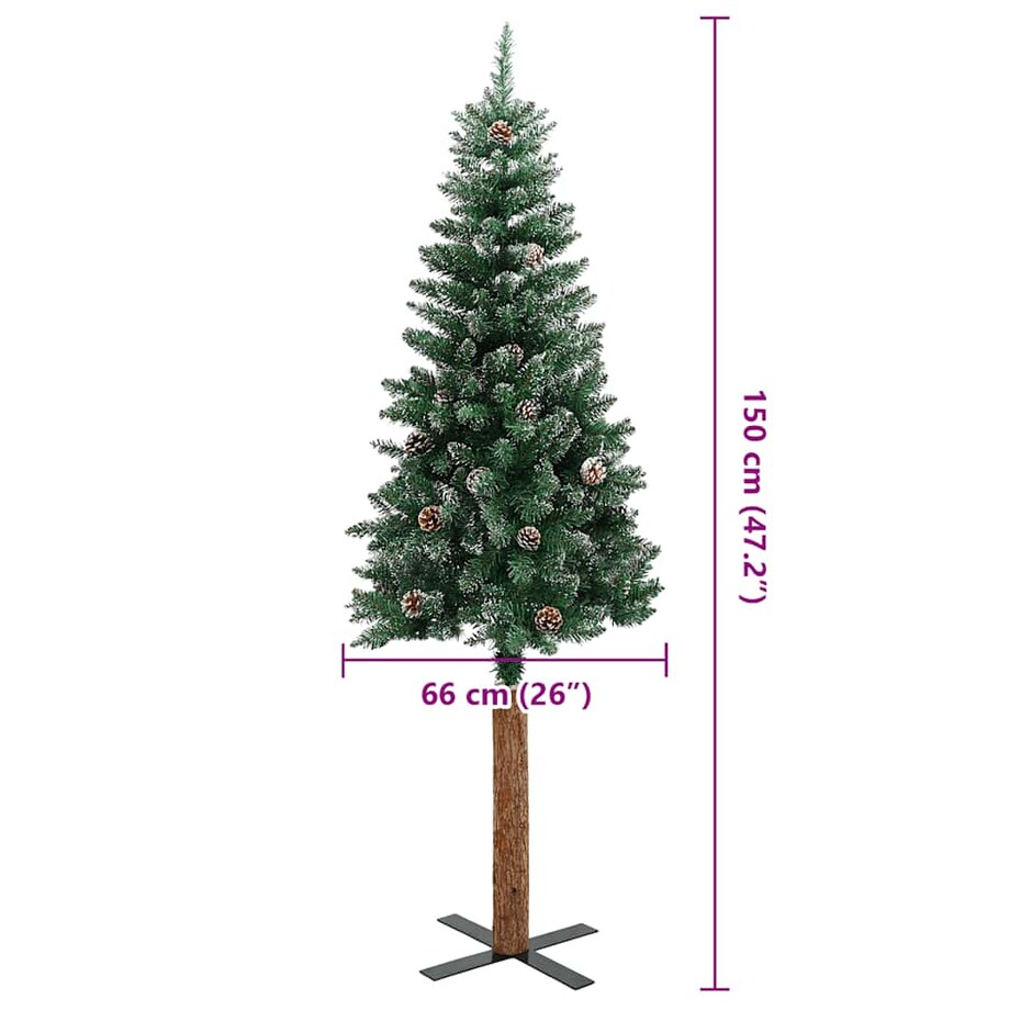 vidaXL Smukła choinka z drewnem i śniegiem, zielona, 150 cm