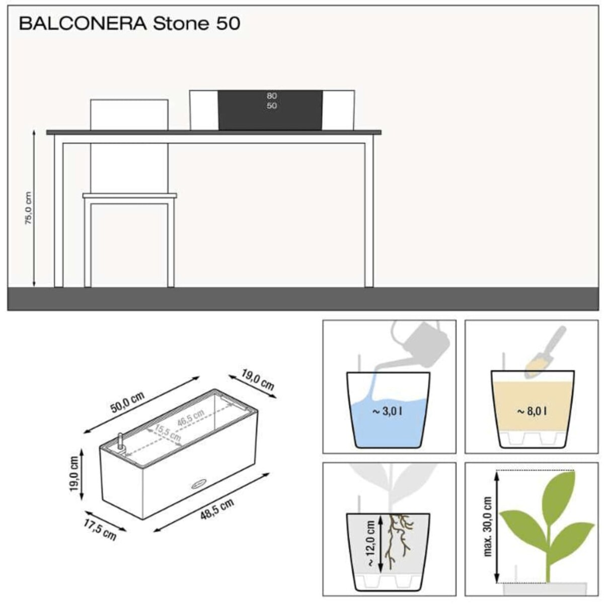 LECHUZA Donica BALCONERA Stone 50 ALL-IN-ONE, czarna