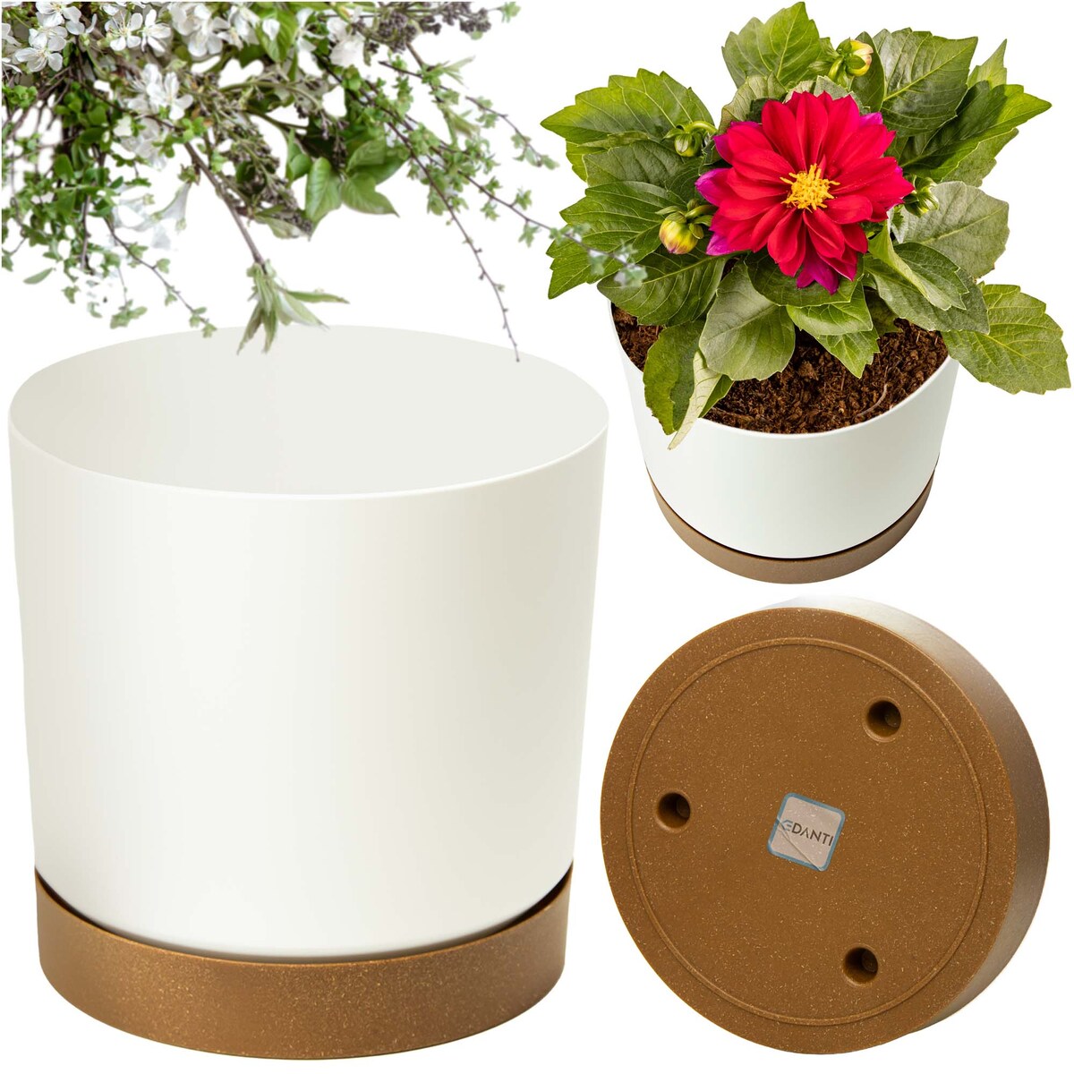 Doniczka Ogrodowa 23,9Cm Z Podstawką Do Domu Donica Plastikowa Gładka Biała