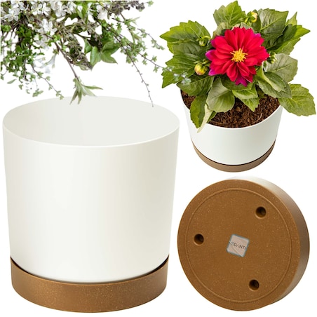 Doniczka Ogrodowa 23,9Cm Z Podstawką Do Domu Donica Plastikowa Gładka Biała