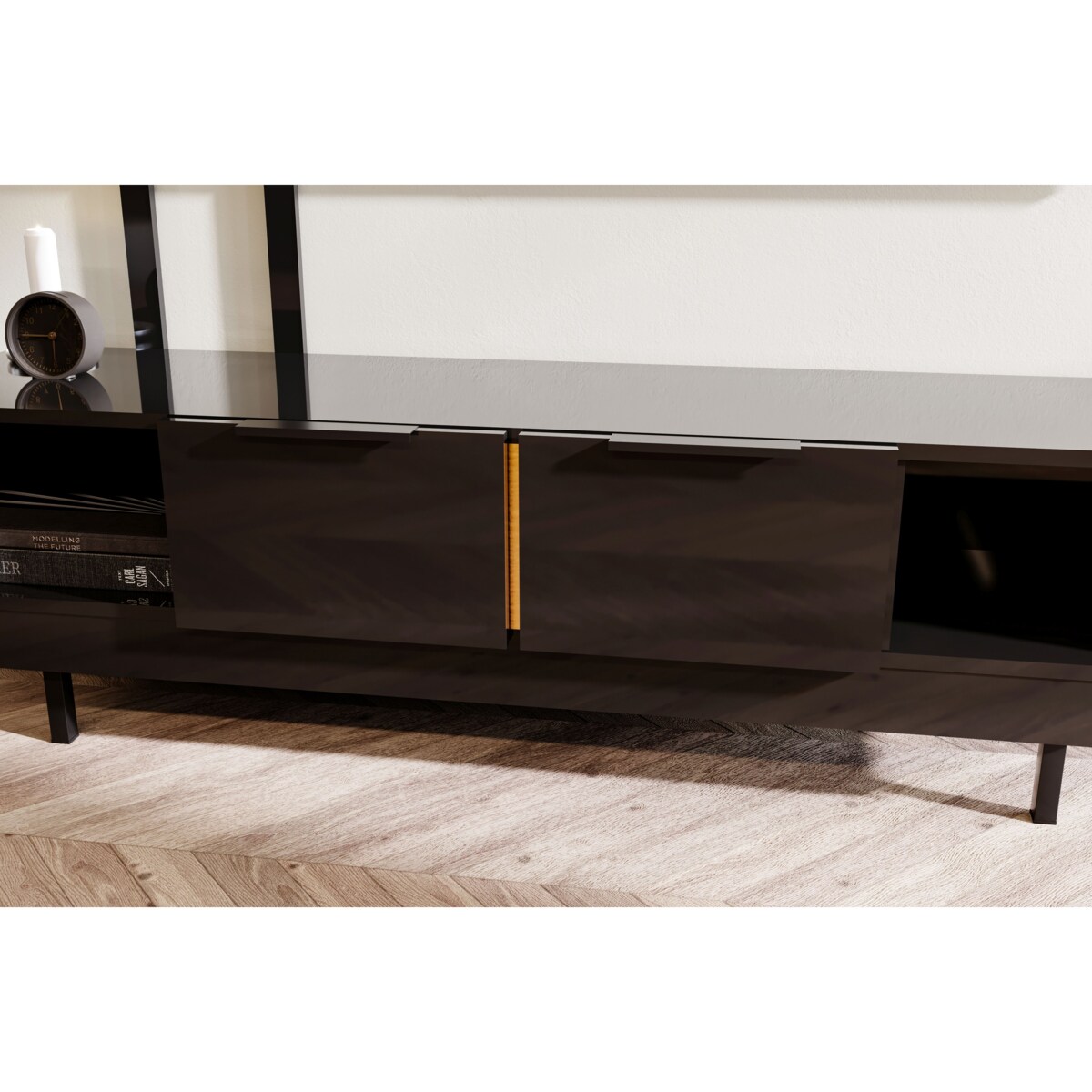 Elegancka czarna komoda RTV Dancan ARTEMISA ze złotymi dodatkami