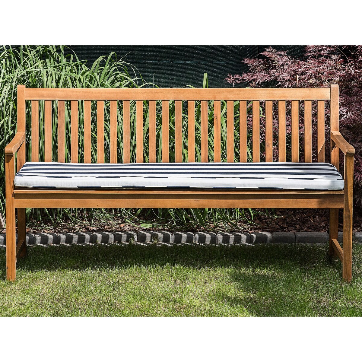 Ławka ogrodowa z certyfikowanego drewna 160 cm z poduszką niebieską VIVARA