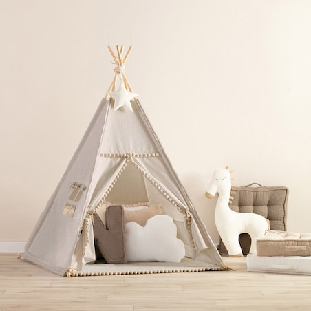 Tipi z pomponikami, melanż szaro-beżowy, 110 x 110 x 155 cm, Happiness