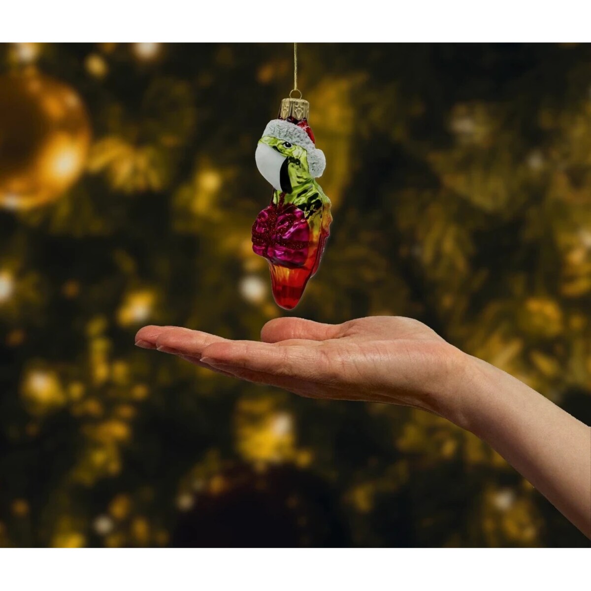 Bombka choinkowa: Świąteczna Papuga z prezentem