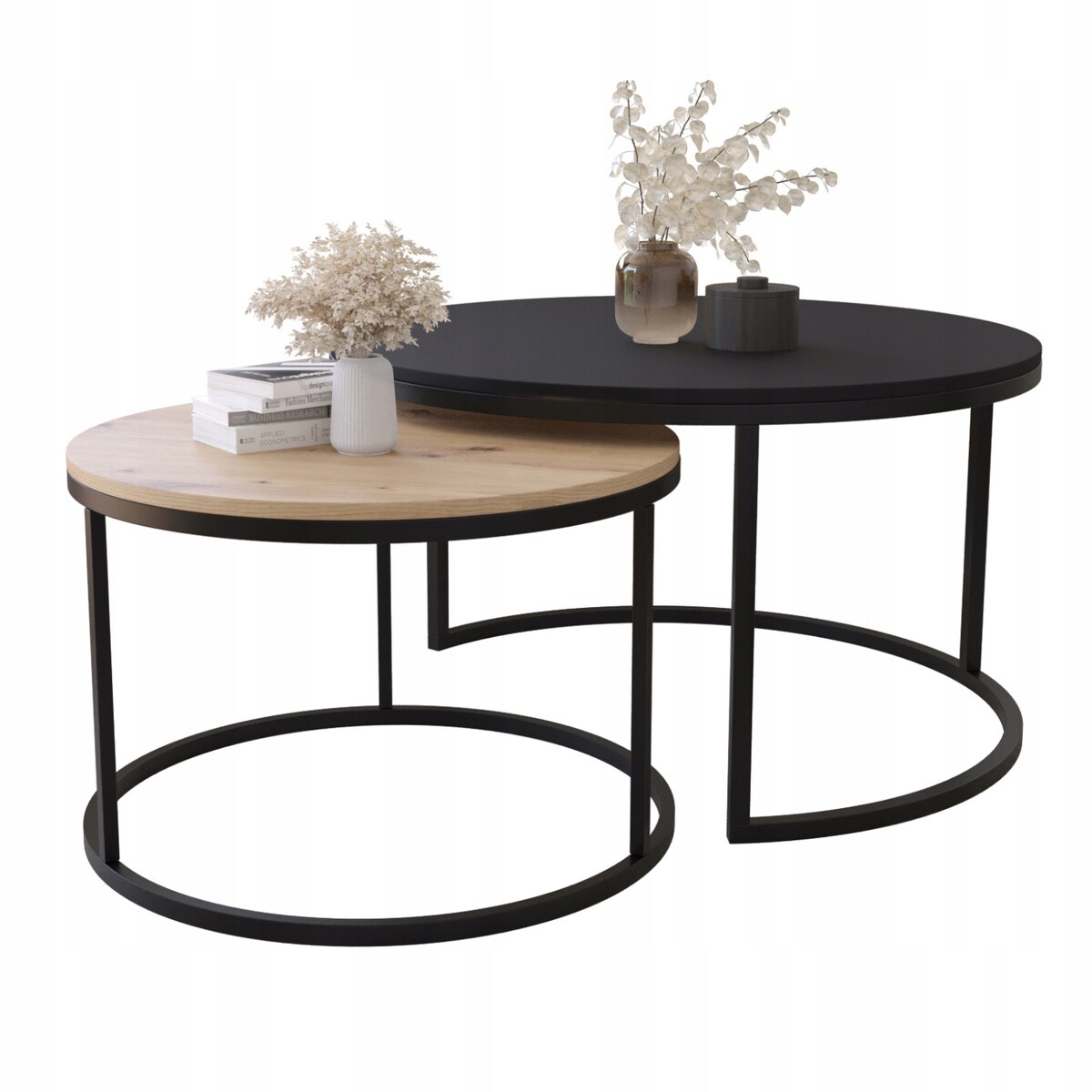 Stolik Kawowy Do Salonu LOFT 2w1 CZARNY + DĄB ARTISAN Okrągły Zestaw