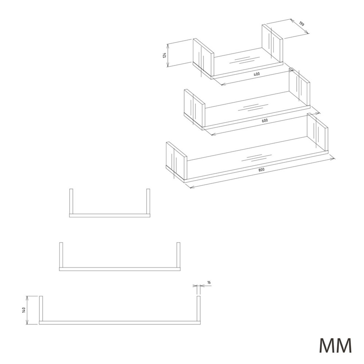 Półka Wisząca MOBI 3P Komplet 3x – Nowoczesne Półki Ścienne DĄB ARTISAN