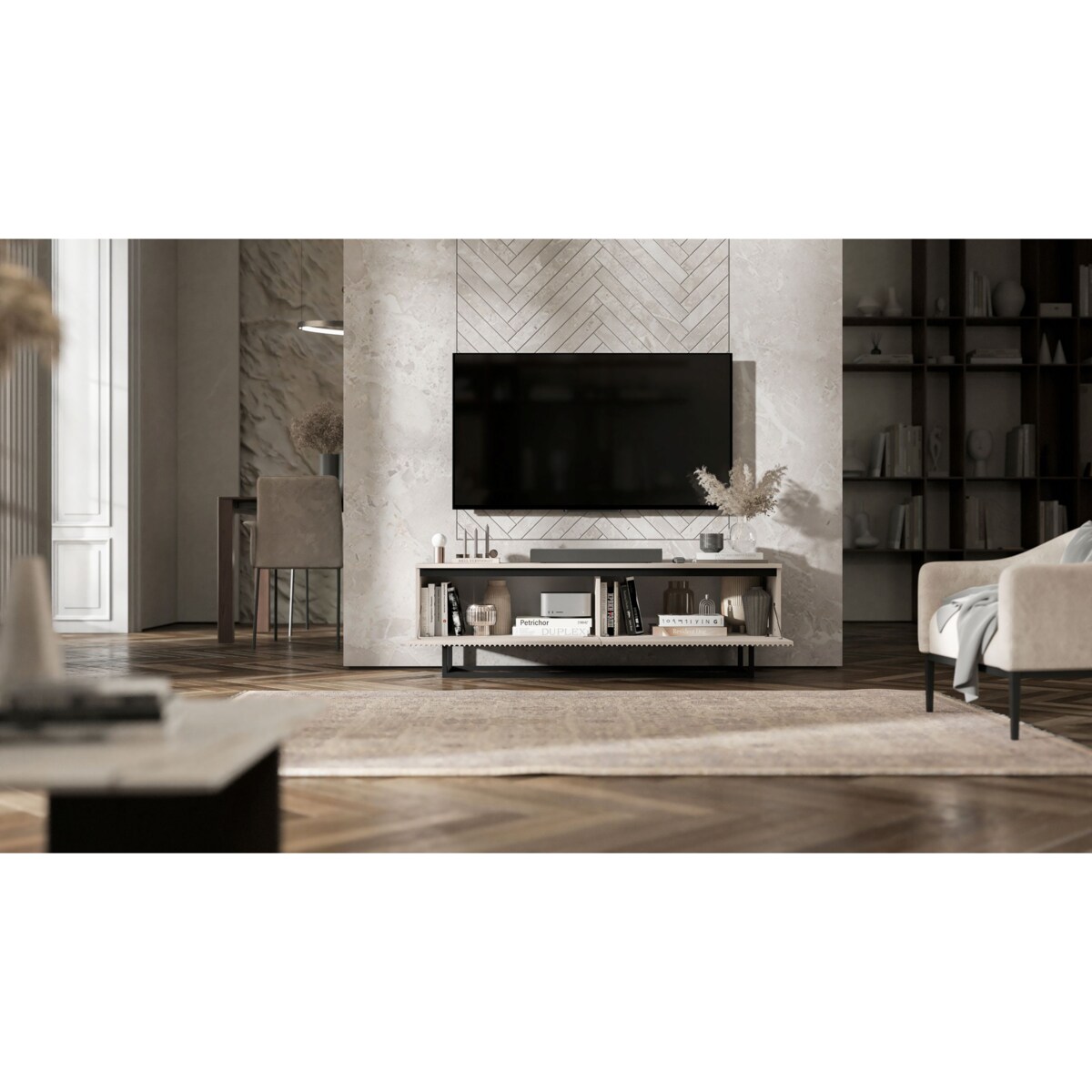 Nowoczesna Szafka RTV Glamour Komoda RTV Kaszmir Mat 140 cm czarny stelaż