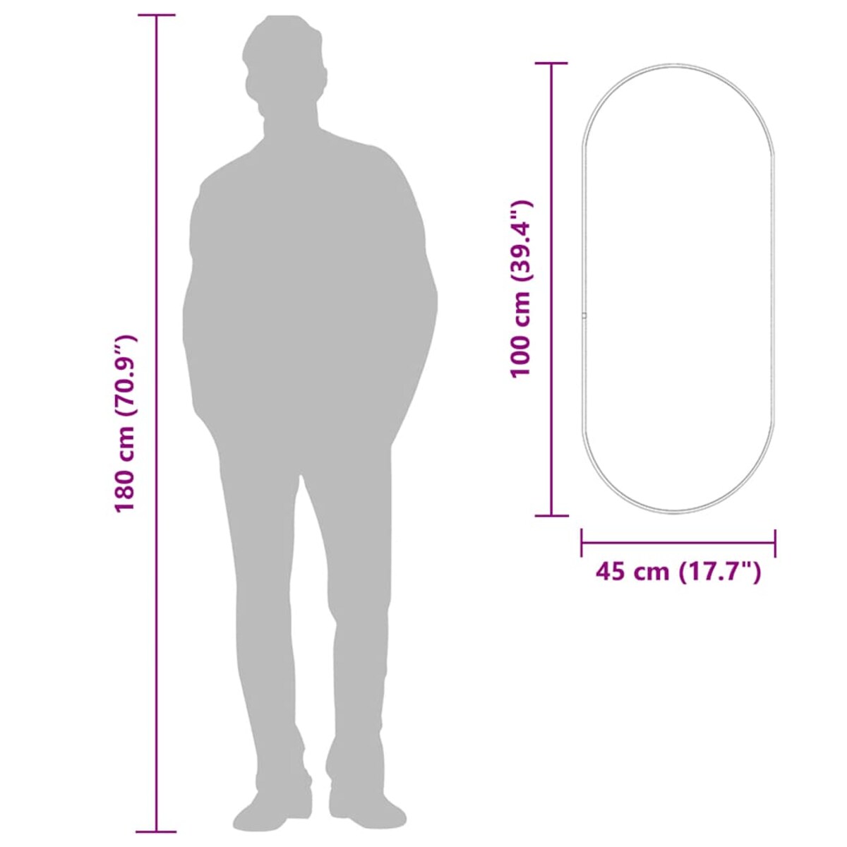 vidaXL Lustro ścienne, srebrne, 100x45 cm, owalne