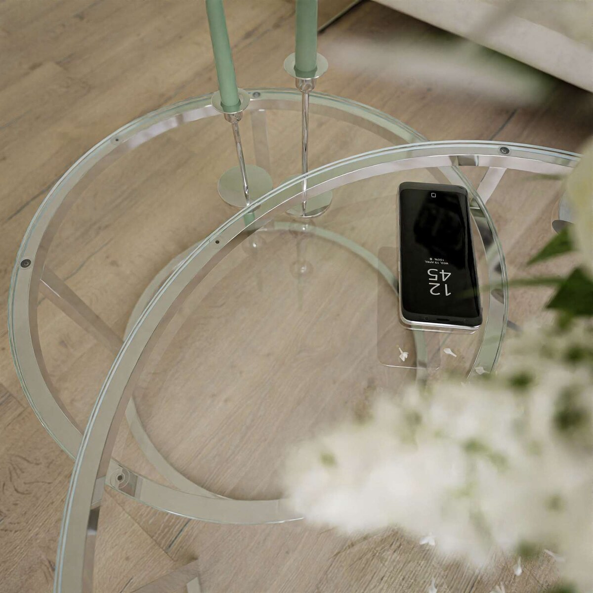 Okrągły stolik kawowy CIRI 2w1 chrom szklany blat