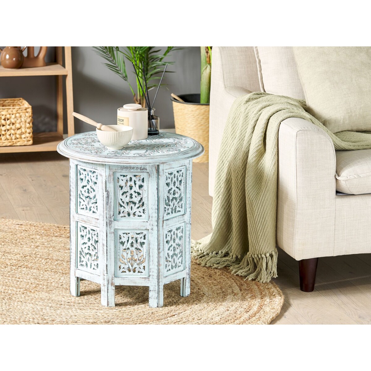 Stolik pomocniczy BORAI Drewno mango Błękitny